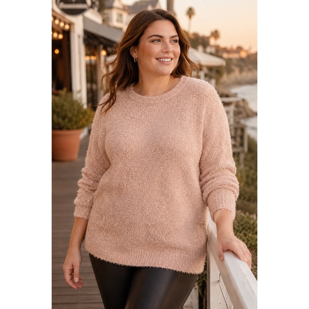 Ann Taylor LOFT Plus Pink Oatmeal Heather Shimmer Eyelash Sweater Metallic 14